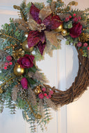 Ornament Christmas Wreath, Poinsettia, Purple Magenta Gold Holiday Ornament Wreath, Winter Porch Decor,