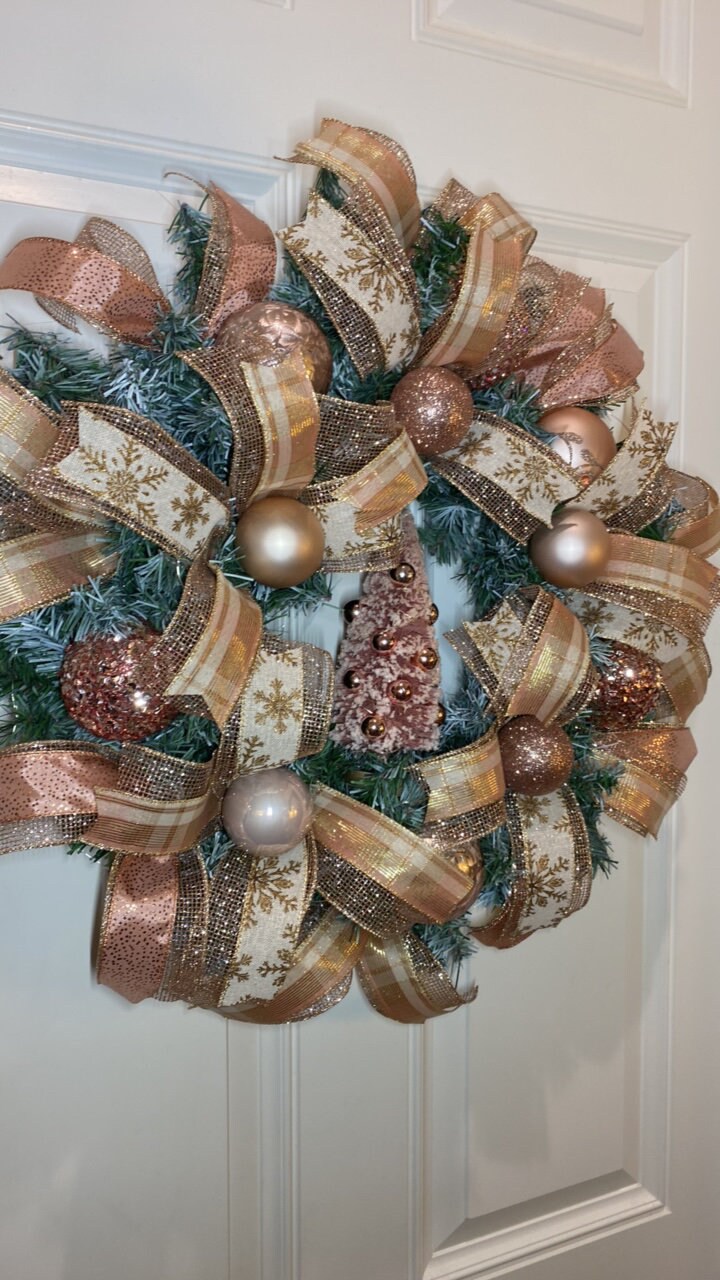 Lighted Rose Gold Wreath, Christmas Ornament Wreath, Holiday Porch Decor