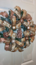 Lighted Rose Gold Wreath, Christmas Ornament Wreath, Holiday Porch Decor
