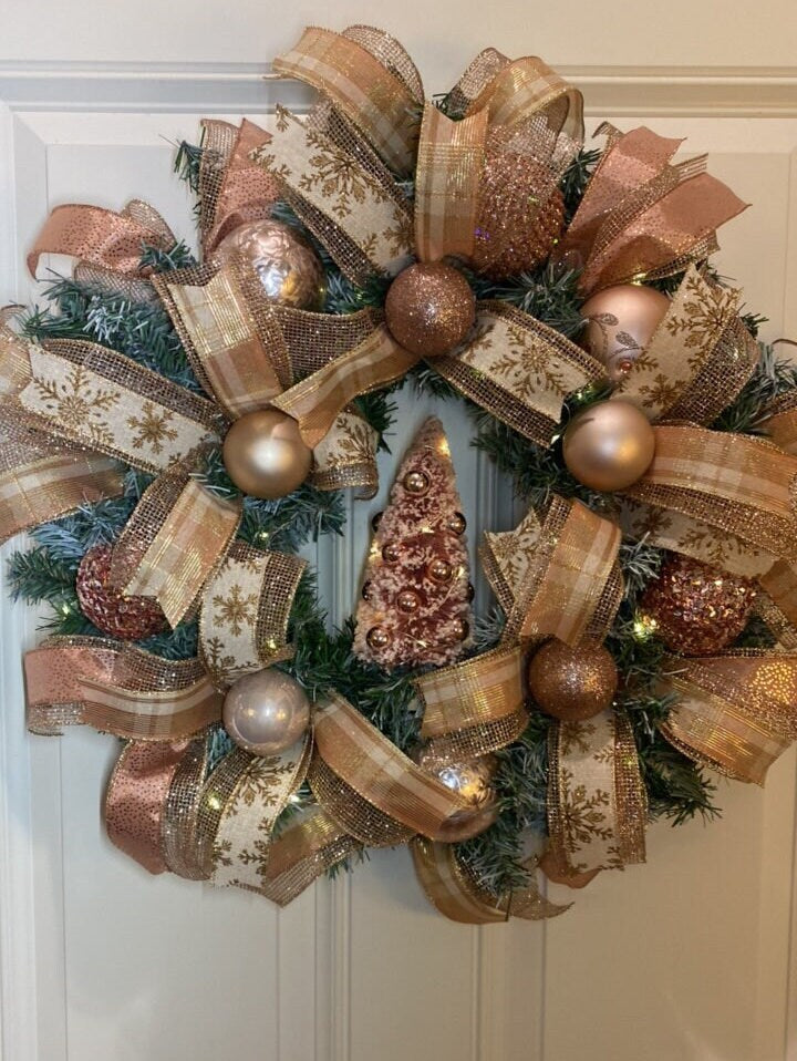 Lighted Rose Gold Wreath, Christmas Ornament Wreath, Holiday Porch Decor