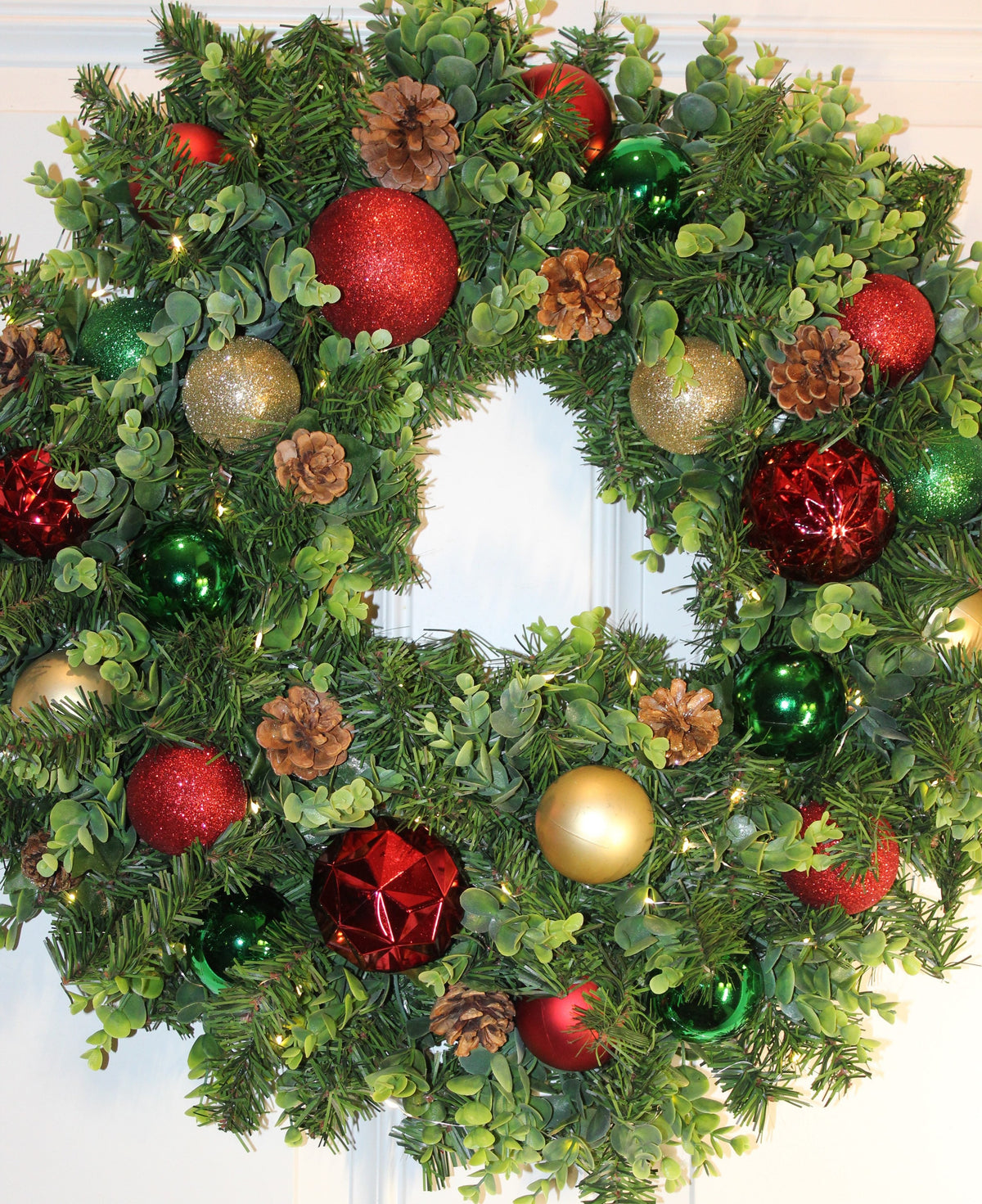 Lighted Christmas Ornament Wreath: Red, Green & Gold Holiday Decor