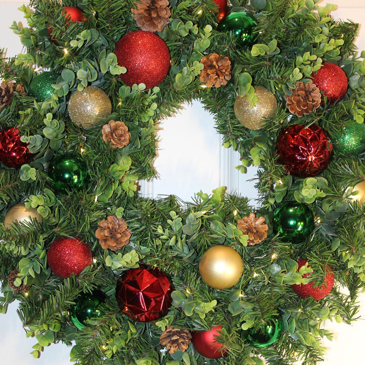 Lighted Christmas Ornament Wreath: Red, Green & Gold Holiday Decor