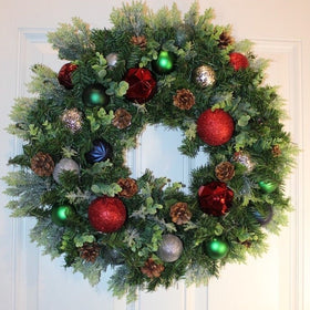 Prelit Christmas Ornament Wreath, Holiday Ornament Wreath, Winter Porch Decor, Multi-Color Jewel Tones