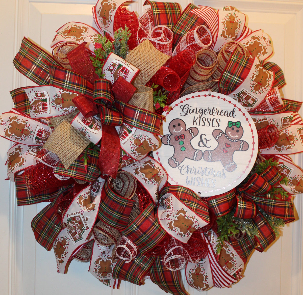 Gingerbread Kisses Christmas Wreath: Candy Cane & Plaid Ribbons