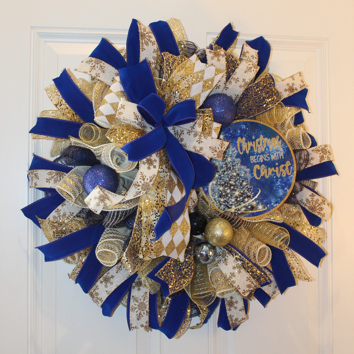 Elegant Blue and Gold Wreath Christmas Wreath