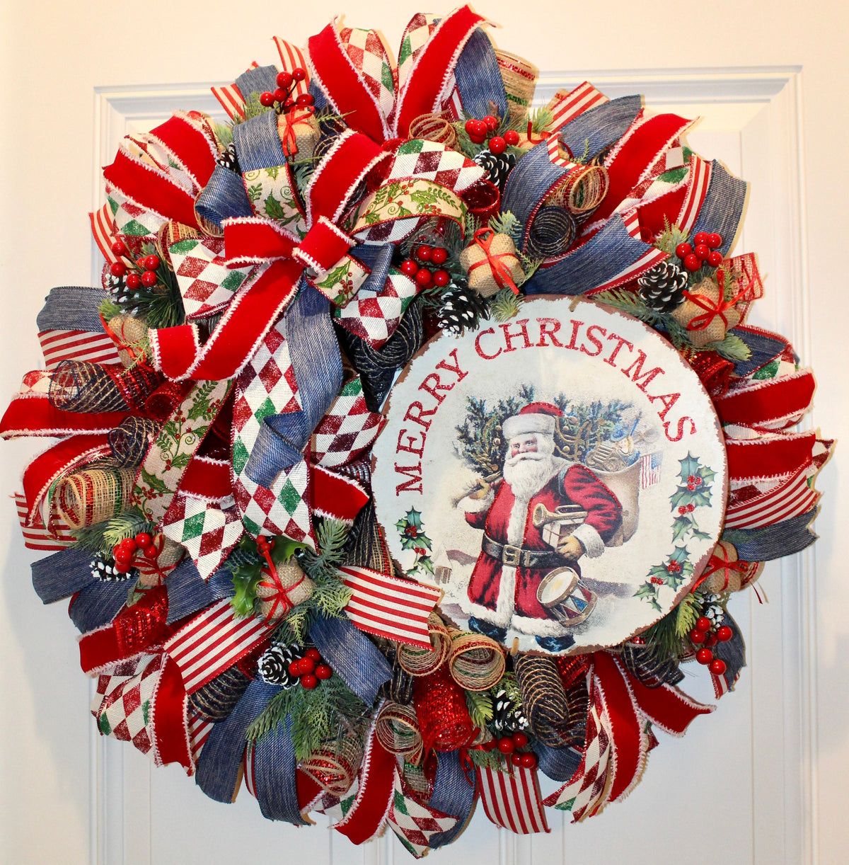 XL Santa Christmas Wreath: Rustic Holiday Front Door Decor