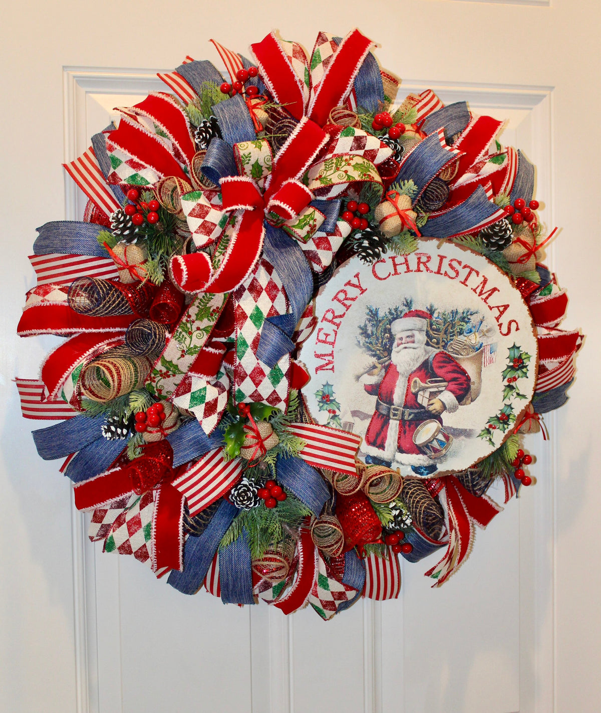 XL Santa Christmas Wreath: Rustic Holiday Front Door Decor