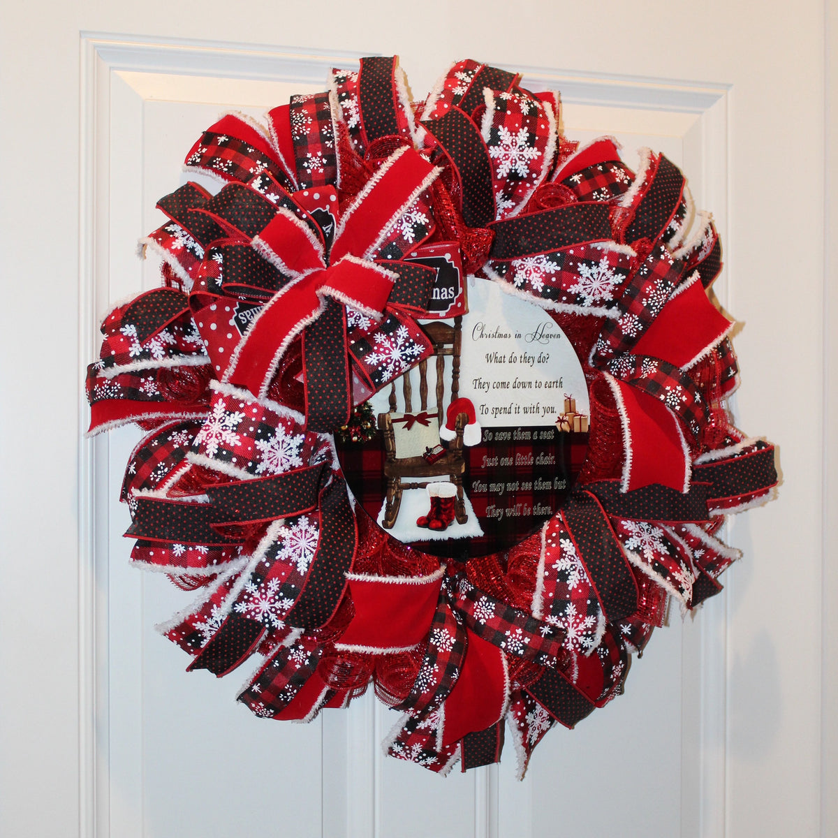 Christmas in Heaven Wreath: Buffalo Check Deco Mesh, Sympathy Gift