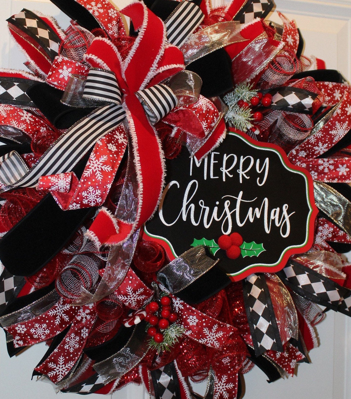 Red and Black Harlequin Christmas Wreath