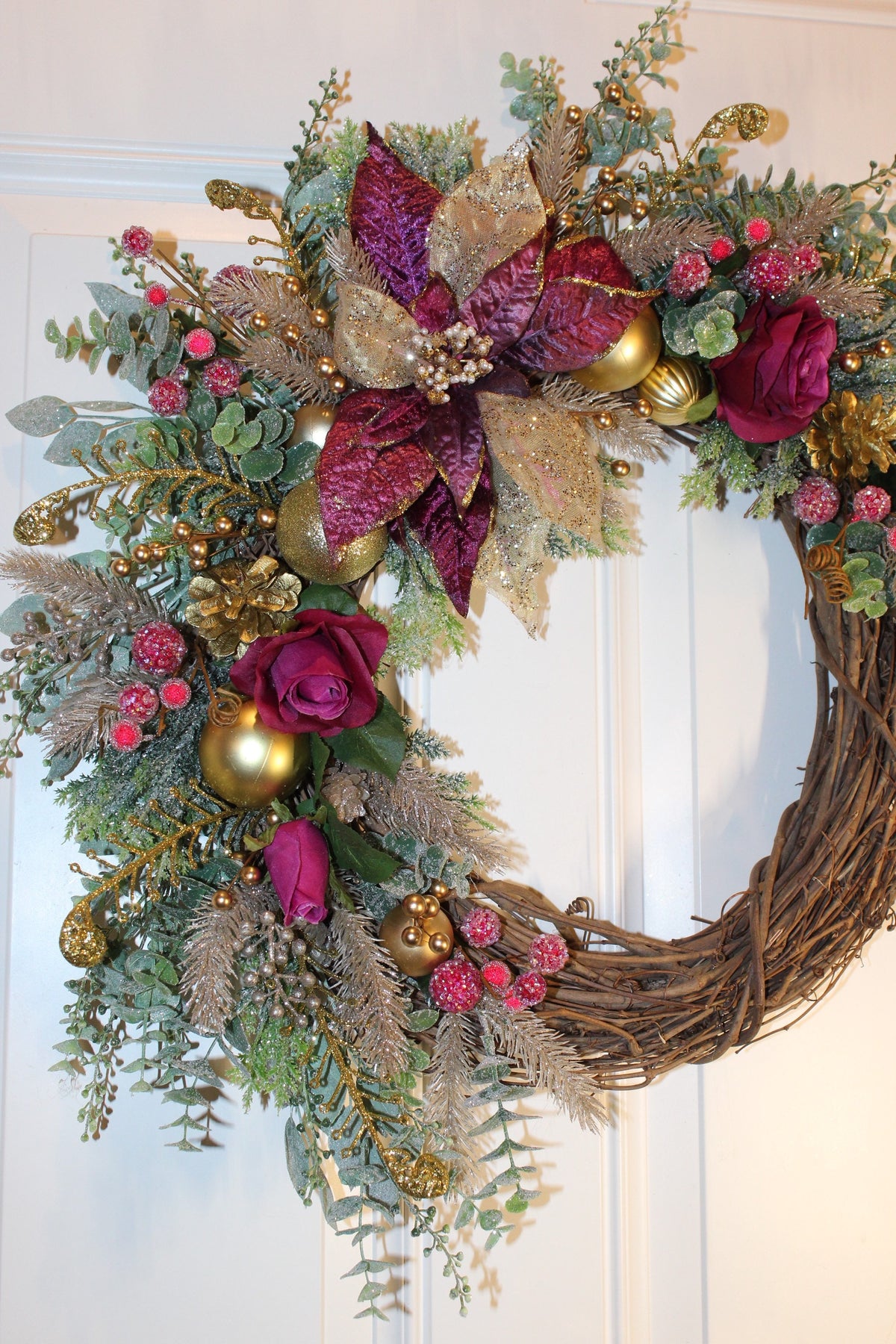 Ornament Christmas Wreath, Poinsettia, Purple Magenta Gold Holiday Ornament Wreath, Winter Porch Decor,