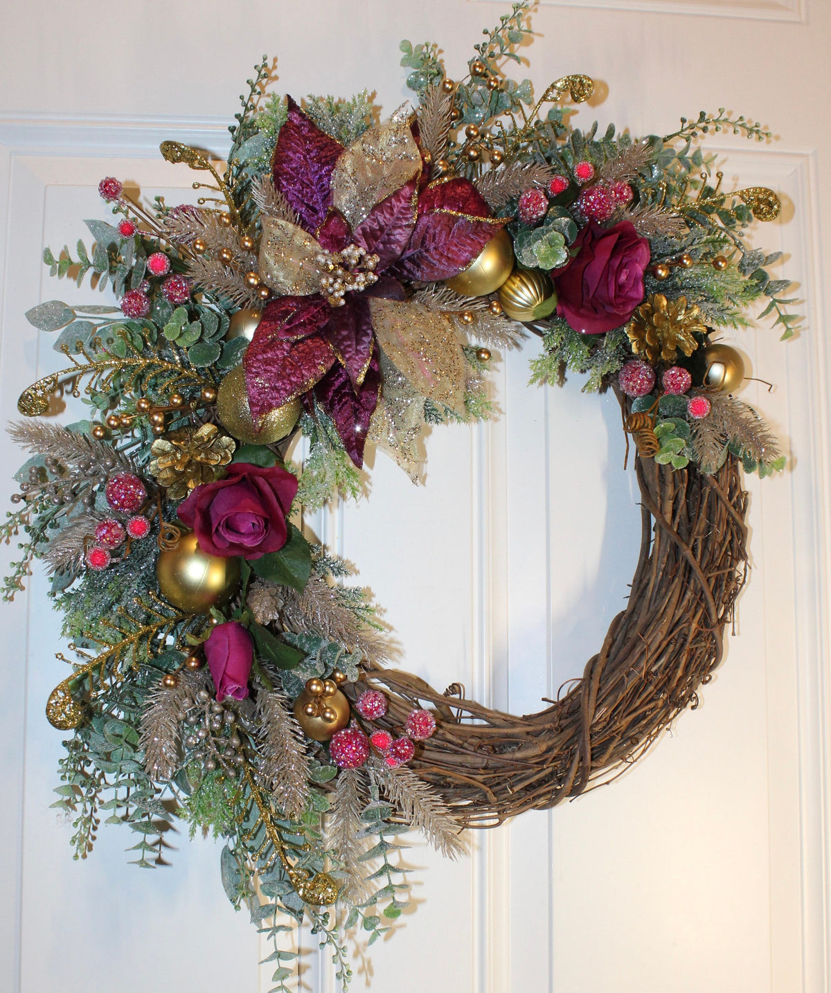 Ornament Christmas Wreath, Poinsettia, Purple Magenta Gold Holiday Ornament Wreath, Winter Porch Decor,