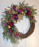 Ornament Christmas Wreath, Poinsettia, Purple Magenta Gold Holiday Ornament Wreath, Winter Porch Decor,