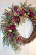 Ornament Christmas Wreath, Poinsettia, Purple Magenta Gold Holiday Ornament Wreath, Winter Porch Decor,