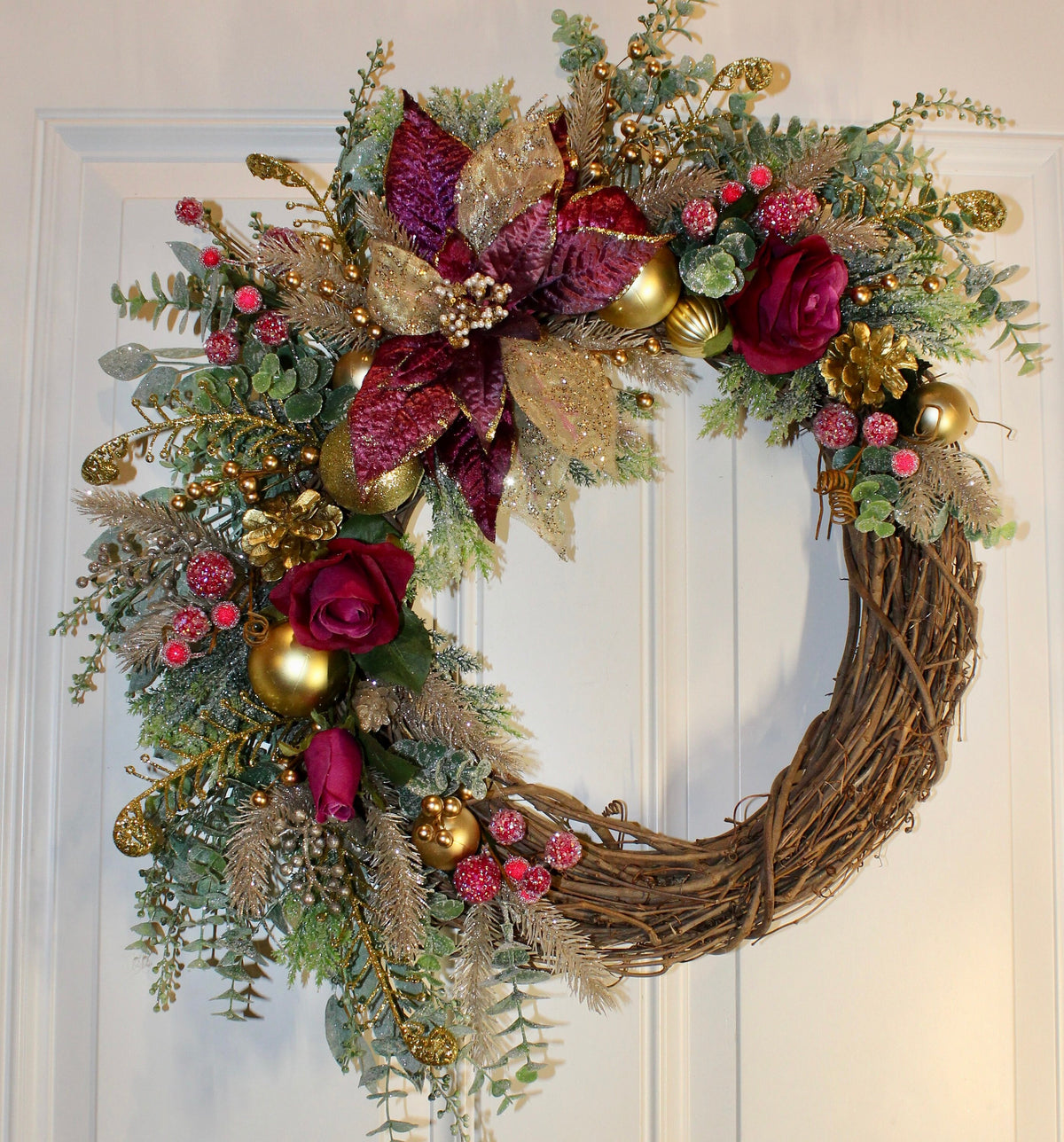 Ornament Christmas Wreath, Poinsettia, Purple Magenta Gold Holiday Ornament Wreath, Winter Porch Decor,