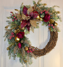 Ornament Christmas Wreath, Poinsettia, Purple Magenta Gold Holiday Ornament Wreath, Winter Porch Decor,