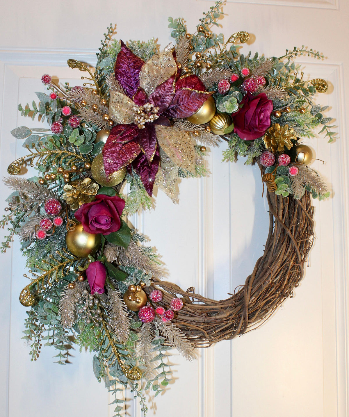 Ornament Christmas Wreath, Poinsettia, Purple Magenta Gold Holiday Ornament Wreath, Winter Porch Decor,