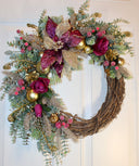 Ornament Christmas Wreath, Poinsettia, Purple Magenta Gold Holiday Ornament Wreath, Winter Porch Decor,