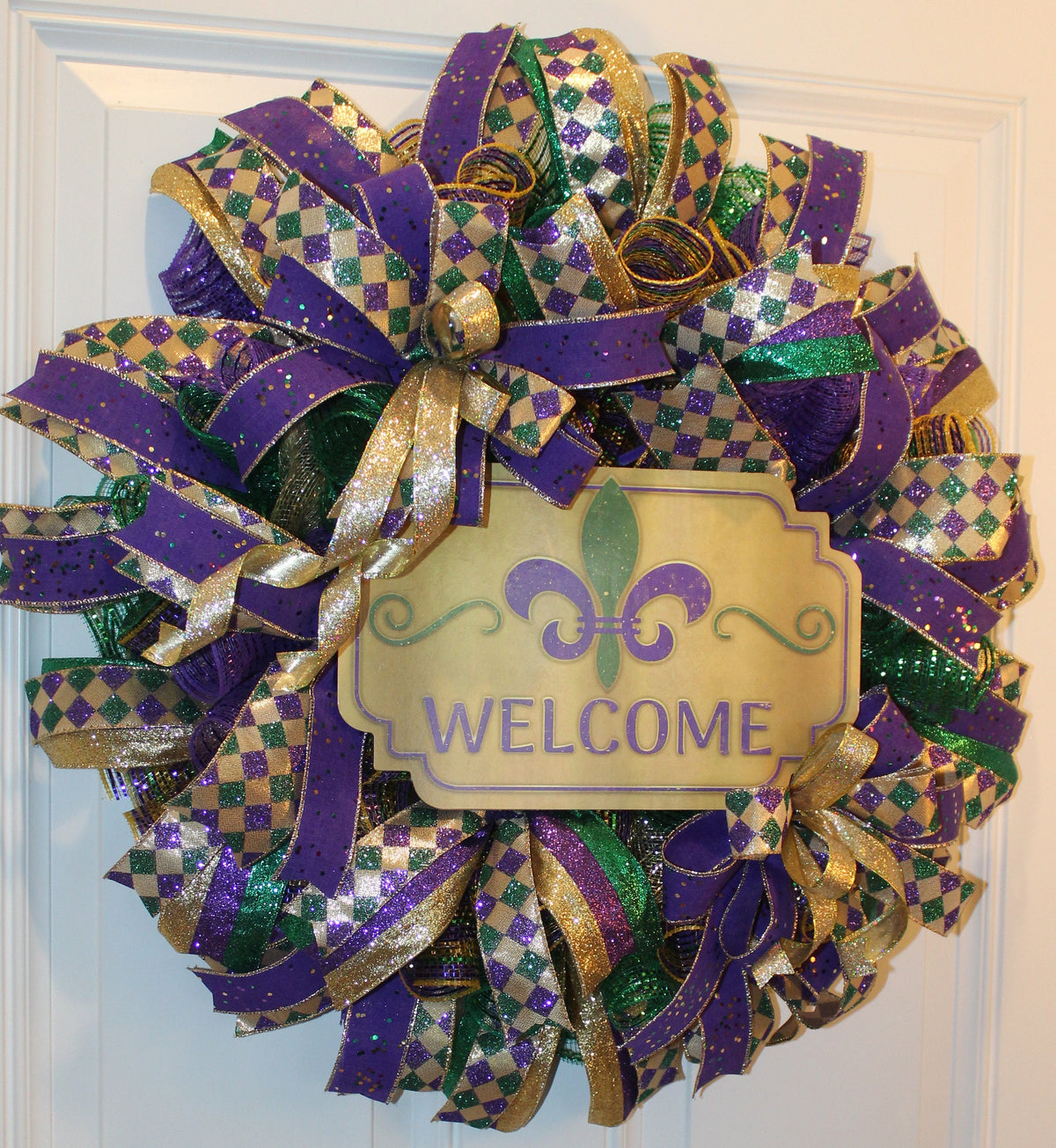 Mardi Gras Wreath: Glittered Deco Mesh, Front Door Decor (25" x 7")