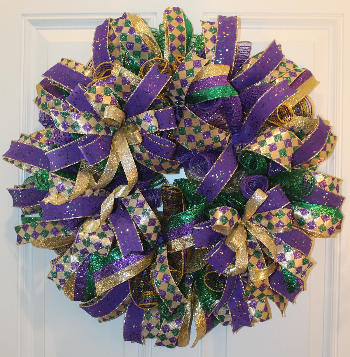 Mardi Gras Wreath: Glittered Deco Mesh, Front Door Decor (25" x 7")