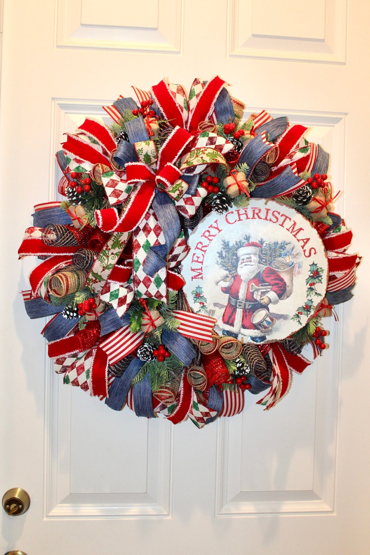 XL Santa Christmas Wreath: Rustic Holiday Front Door Decor