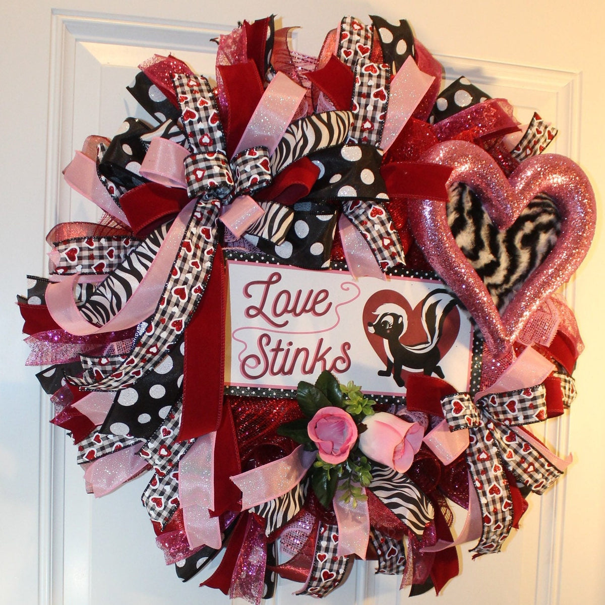 Love Stinks Valentine Wreath: Furry Skunk Heart, Zebra Print
