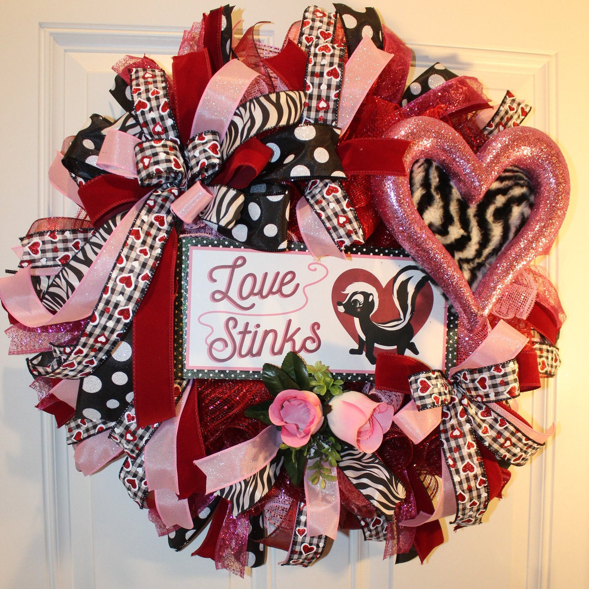 Love Stinks Valentine Wreath: Furry Skunk Heart, Zebra Print
