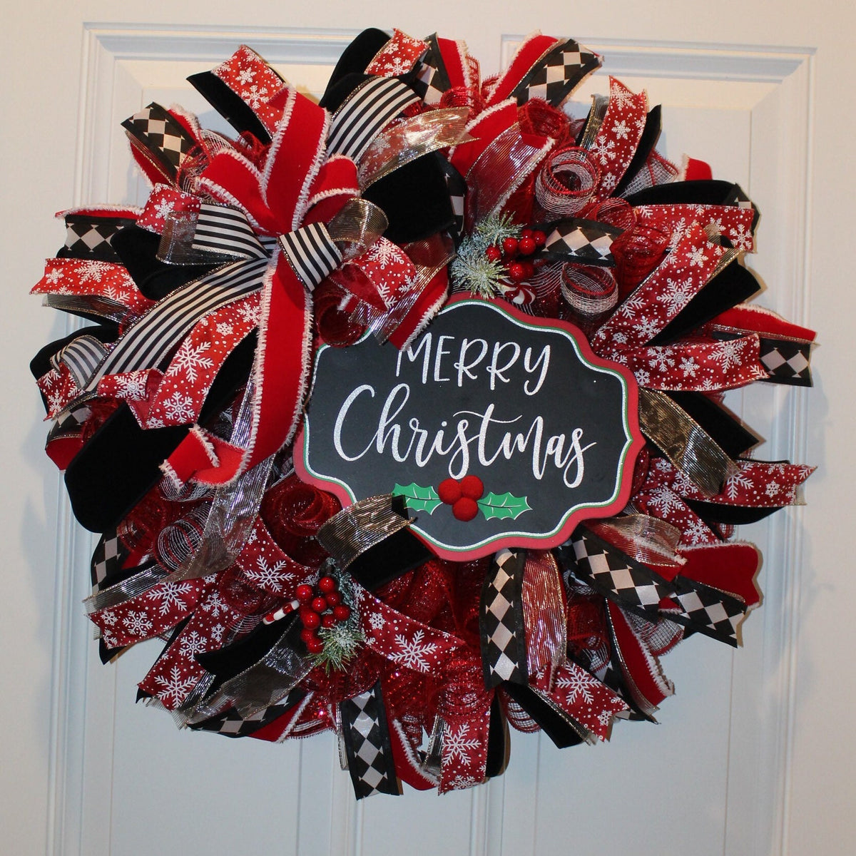 Red and Black Harlequin Christmas Wreath