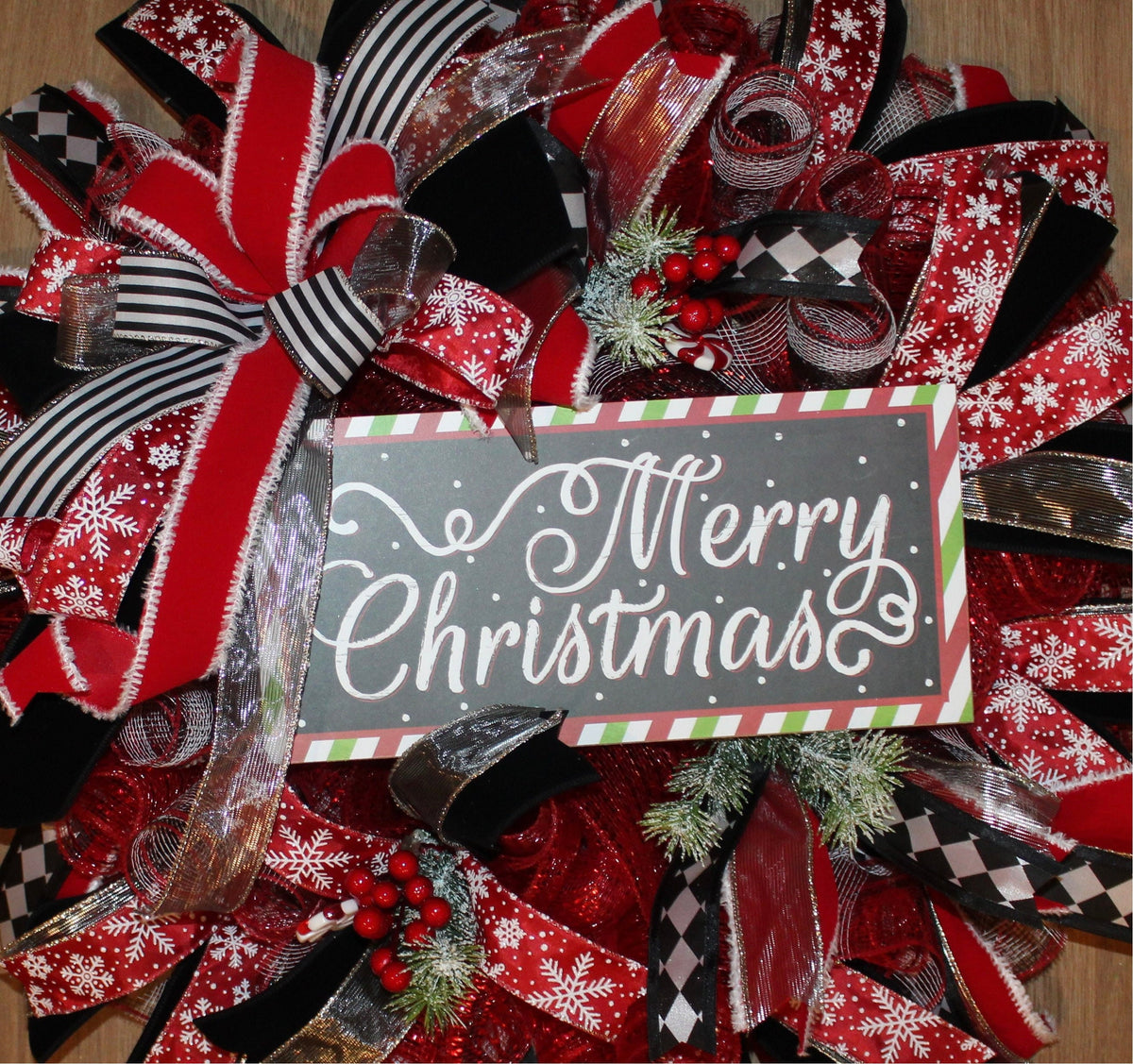 Red and Black Harlequin Christmas Wreath: Cardinal Holiday Decor