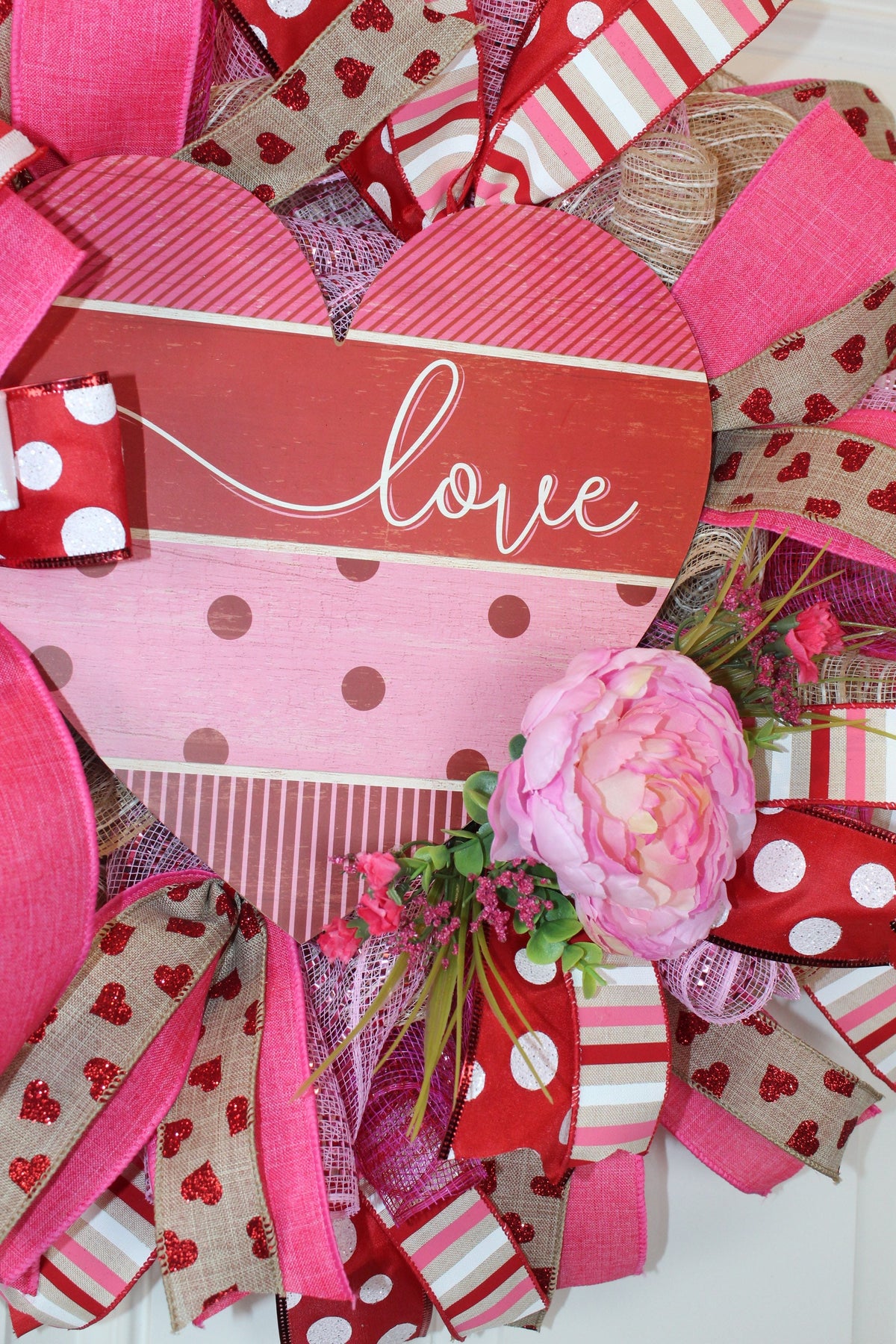 Valentine Heart Wreath: Pink Peony, Red Ribbon, Love Decor