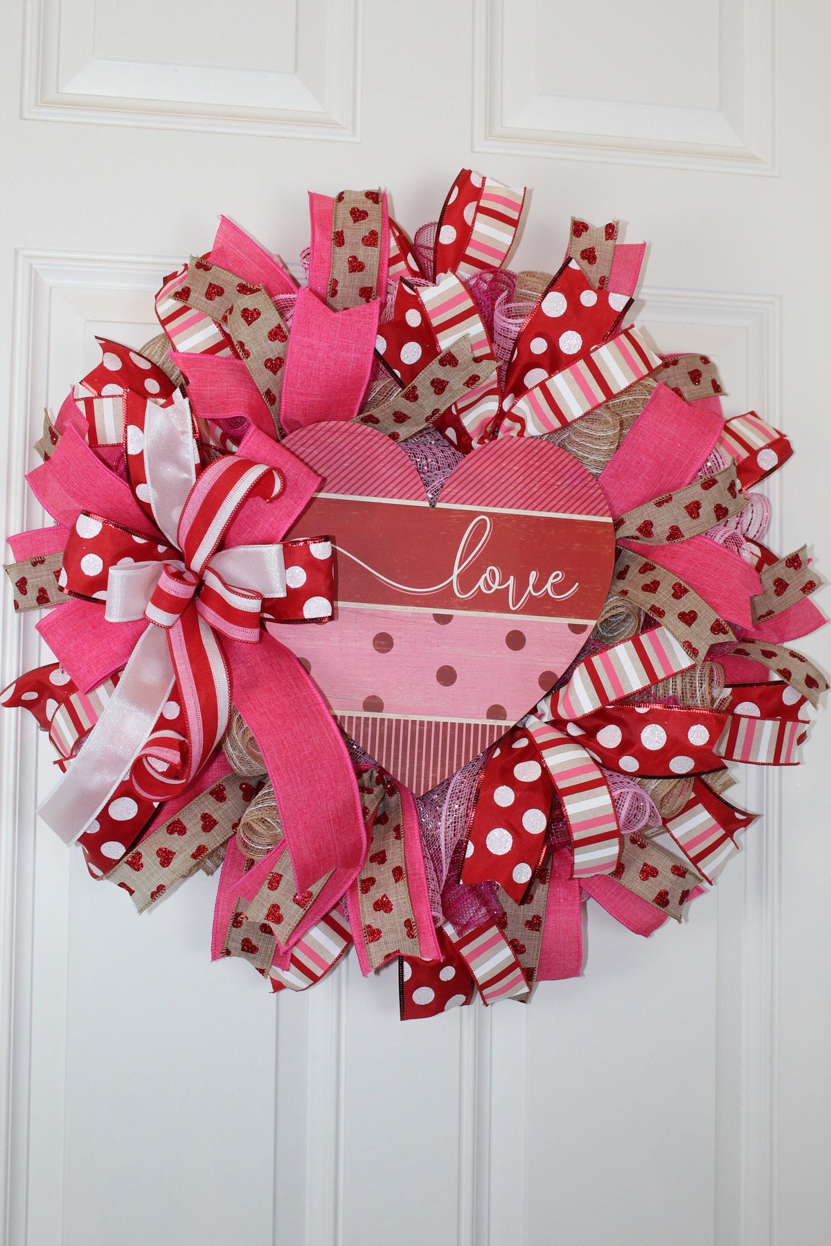Valentine Heart Wreath: Pink Peony, Red Ribbon, Love Decor