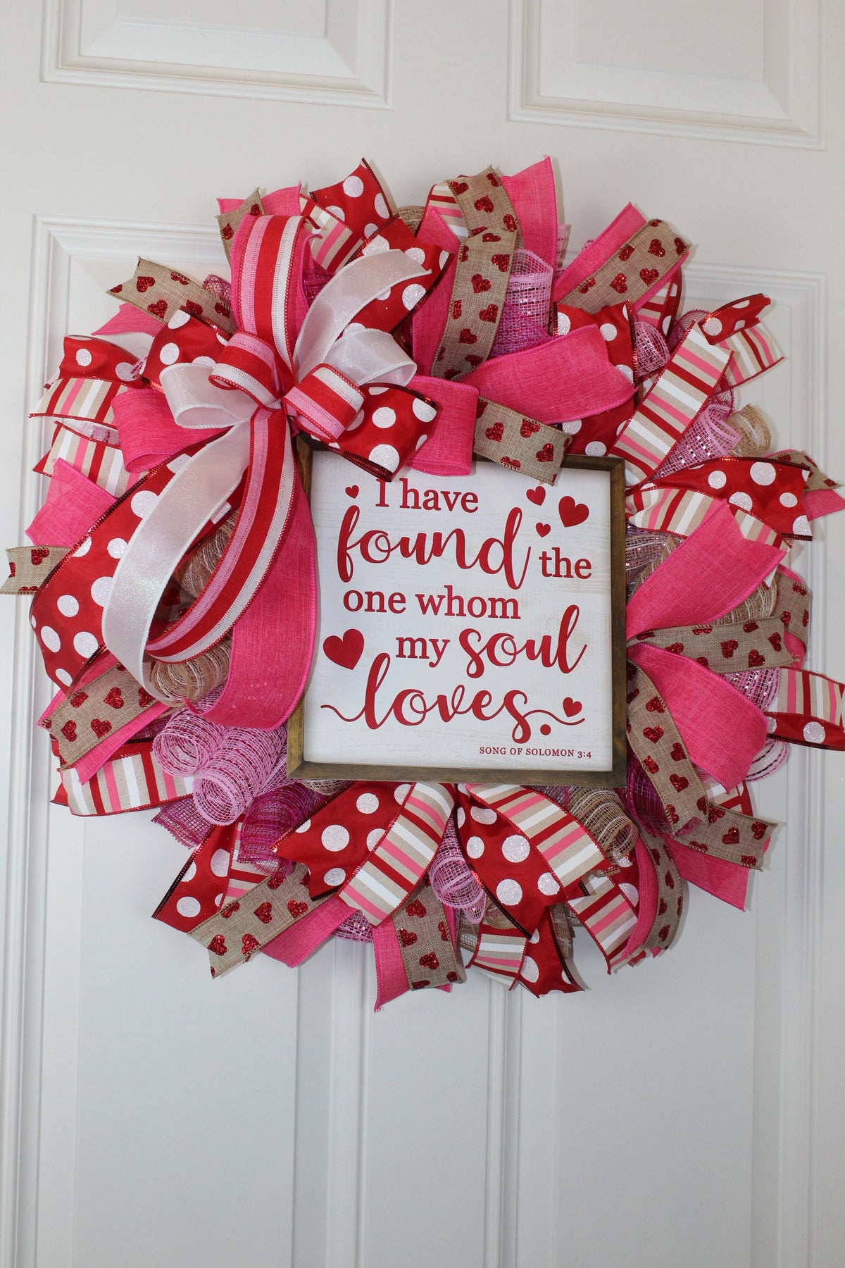 Valentine's Day Heart Wreath: Pink & Red Ribbon, Song of Solomon Sign