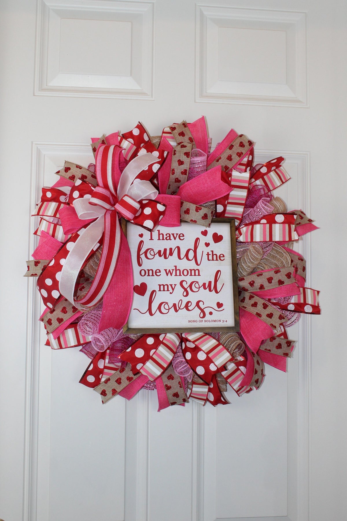 Valentine's Day Heart Wreath: Pink & Red Ribbon, Song of Solomon Sign