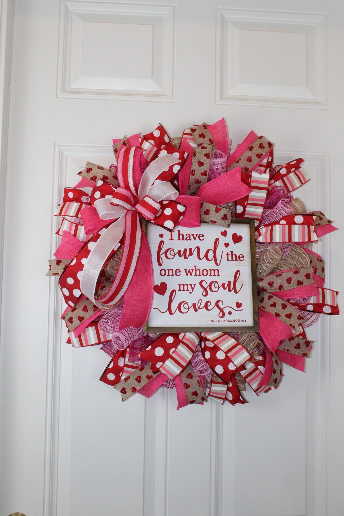Valentine's Day Heart Wreath: Pink & Red Ribbon, Song of Solomon Sign