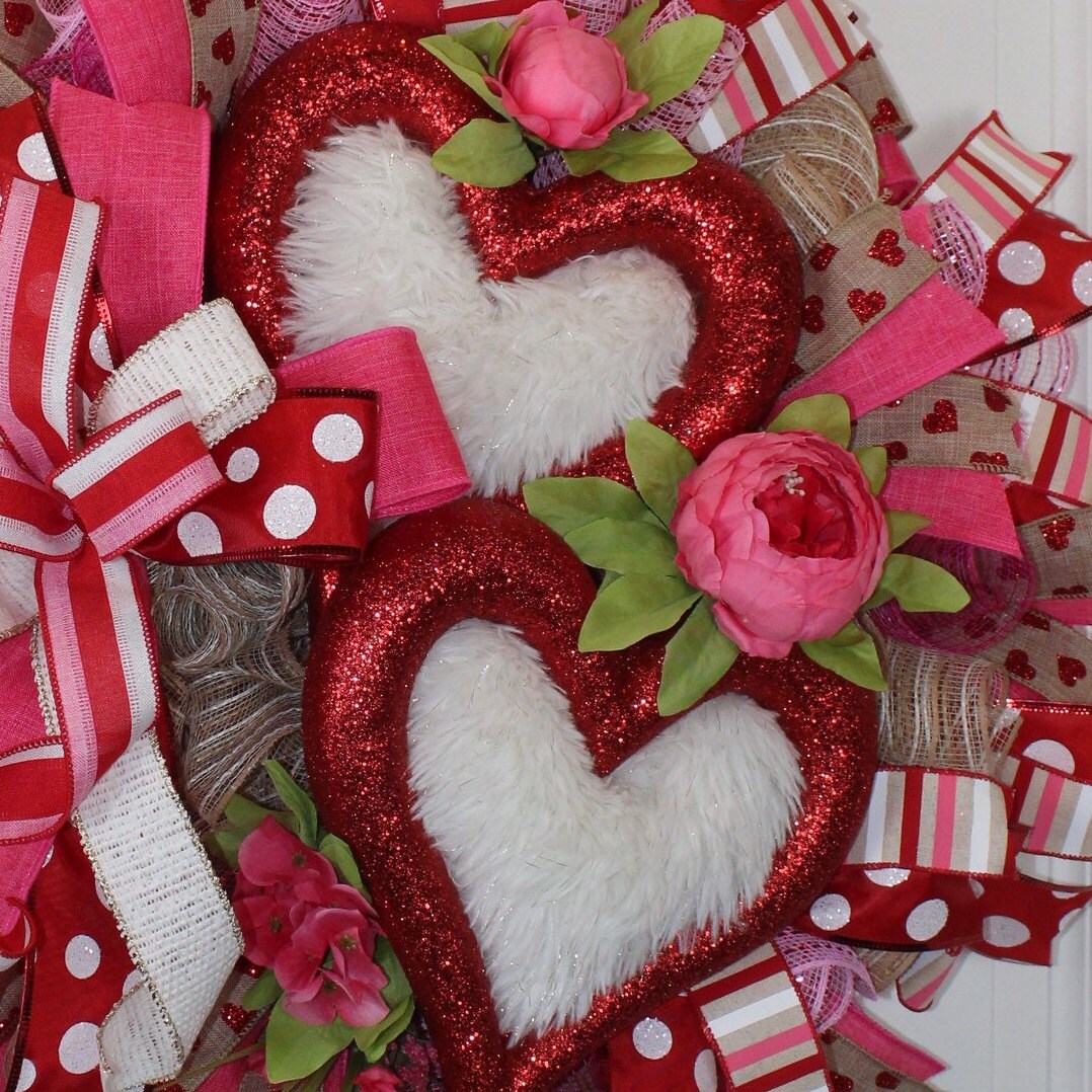 Valentine Wreaths, Valentines Day Wreaths, Peony Heart Wreath, Fuzzy & Furry Hearts