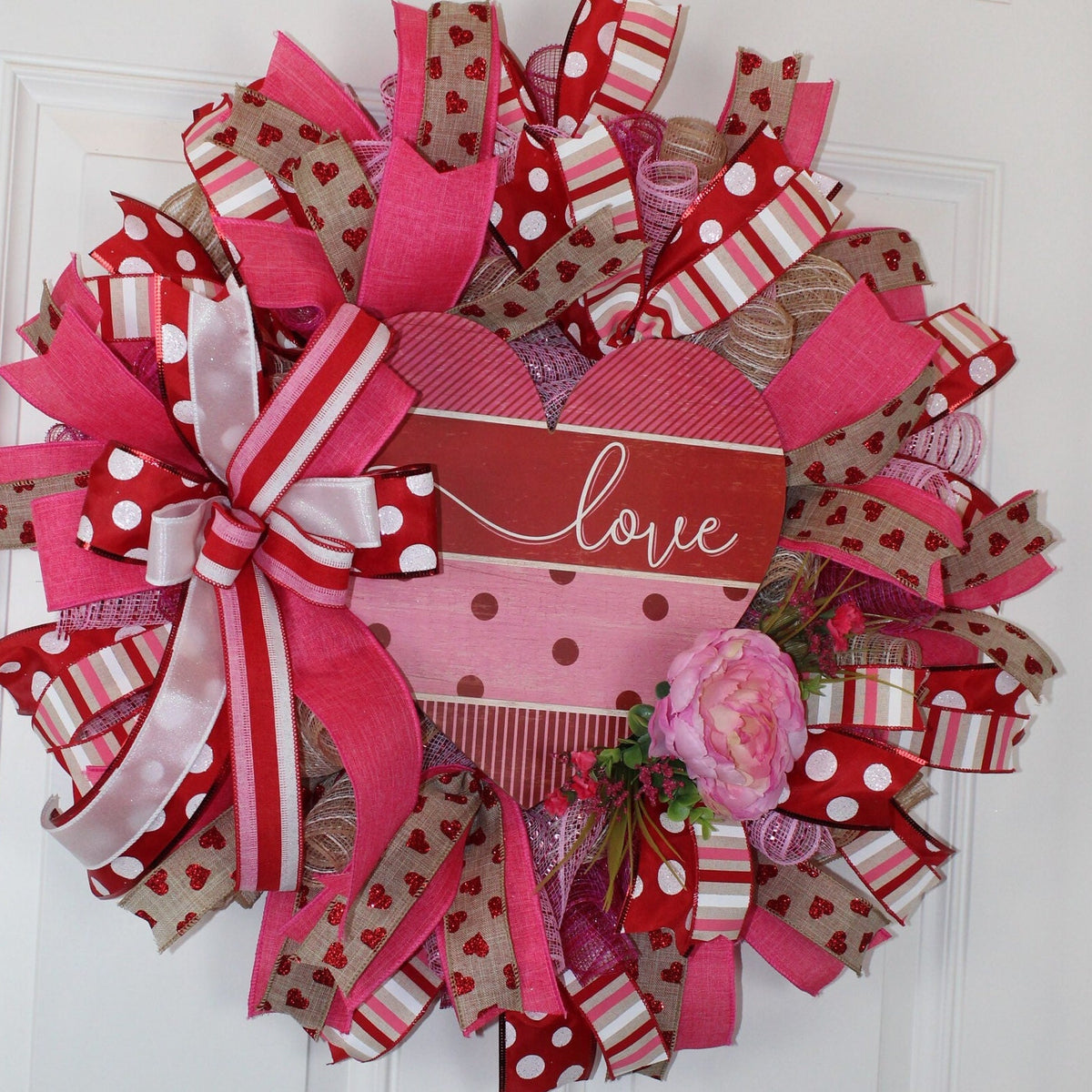 Valentine Heart Wreath: Pink Peony, Red Ribbon, Love Decor