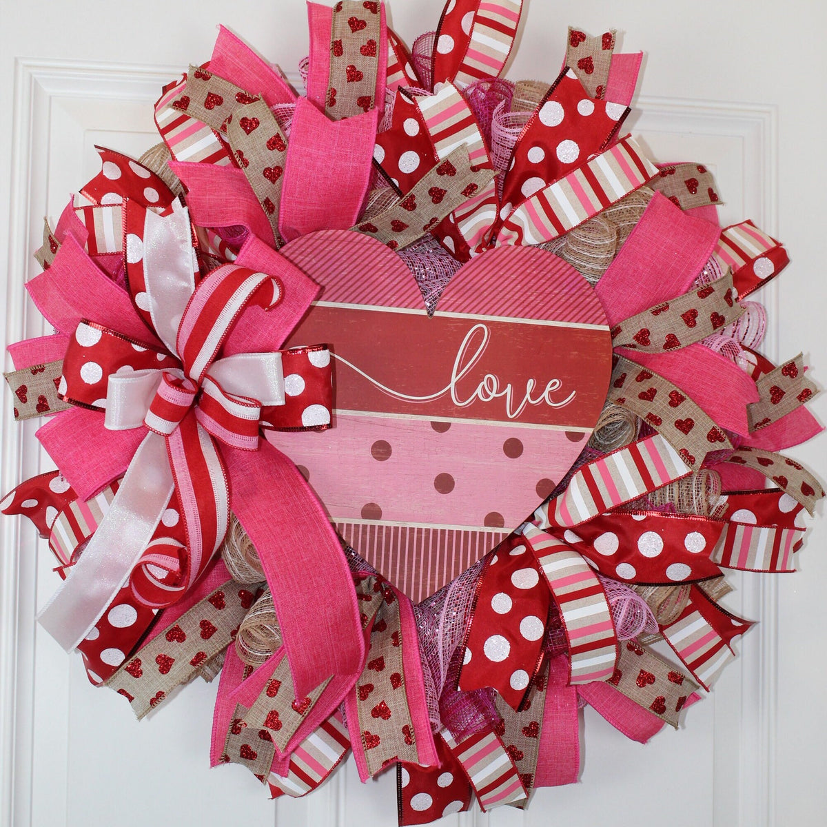 Valentine Heart Wreath: Pink Peony, Red Ribbon, Love Decor
