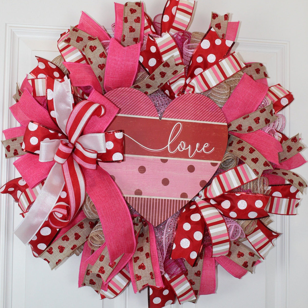 Valentine Heart Wreath: Pink Peony, Red Ribbon, Love Decor