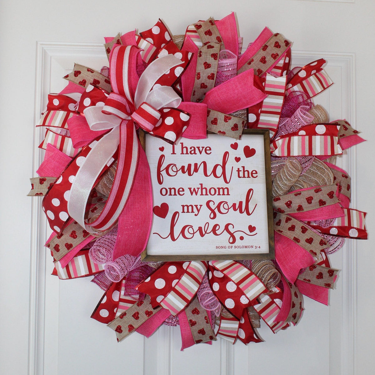 Valentine's Day Heart Wreath: Pink & Red Ribbon, Song of Solomon Sign