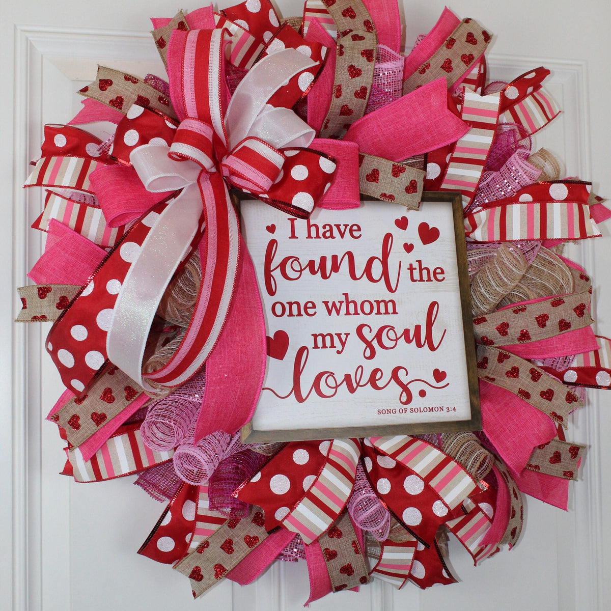 Valentine's Day Heart Wreath: Pink & Red Ribbon, Song of Solomon Sign