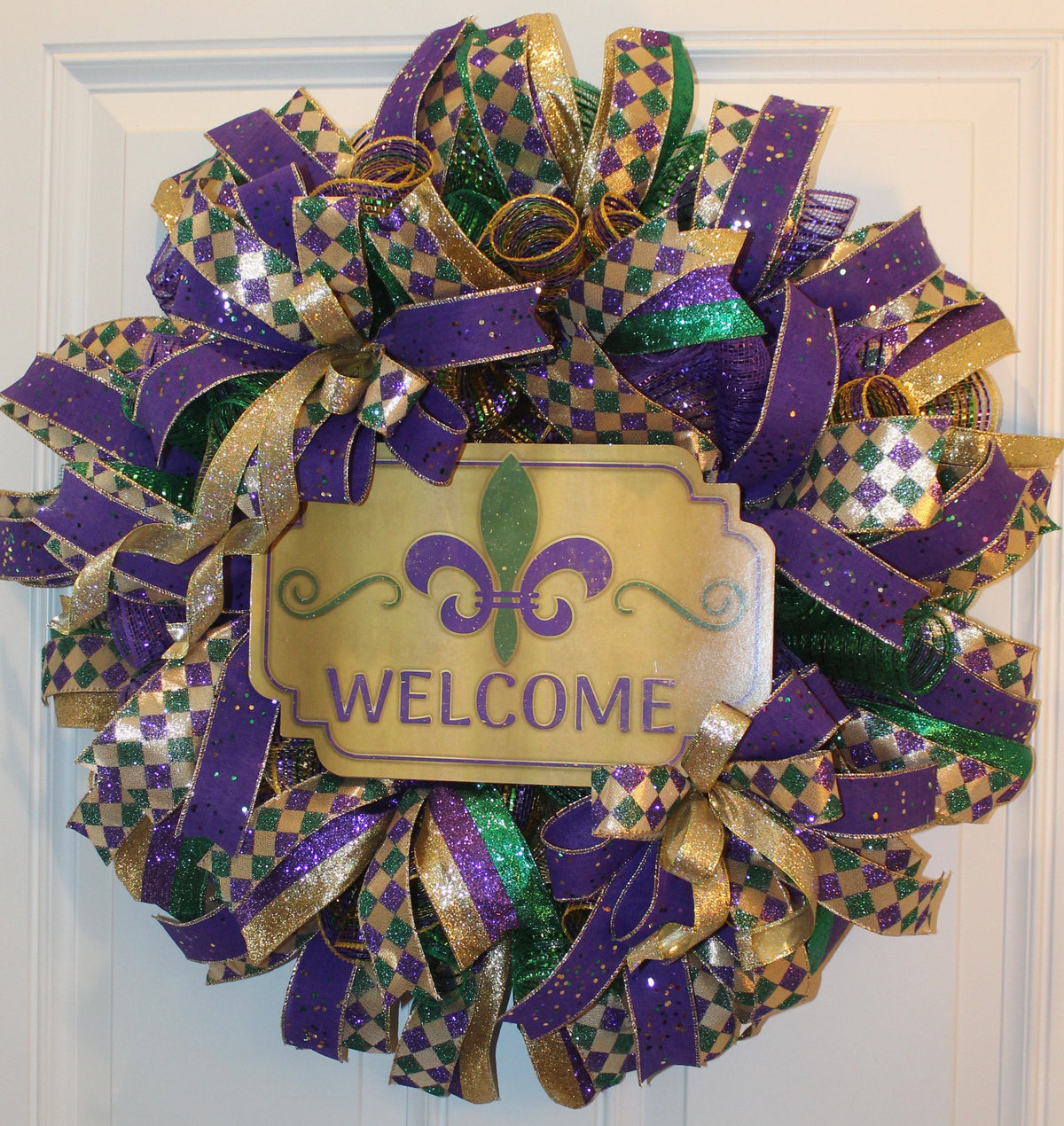 Mardi Gras Wreath: Glittered Deco Mesh, Front Door Decor (25" x 7")
