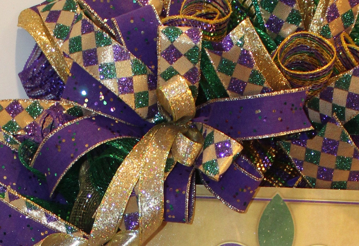 Mardi Gras Wreath: Glittered Deco Mesh, Front Door Decor (25" x 7")