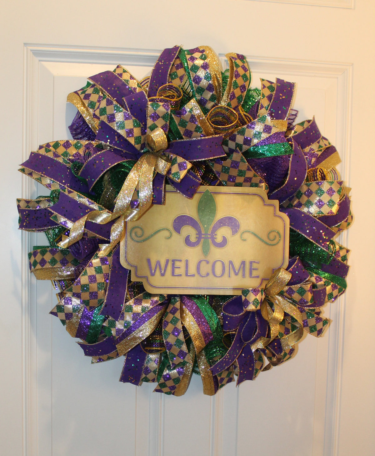 Mardi Gras Wreath: Glittered Deco Mesh, Front Door Decor (25" x 7")