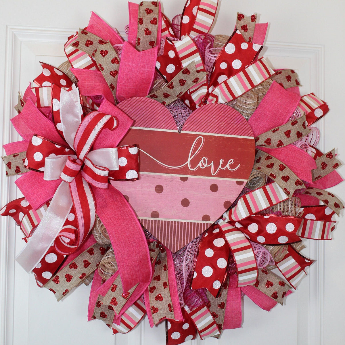 Valentine Heart Wreath: Pink Peony, Red Ribbon, Love Decor