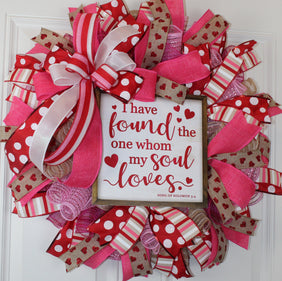 Valentine's Day Heart Wreath: Pink & Red Ribbon, Song of Solomon Sign