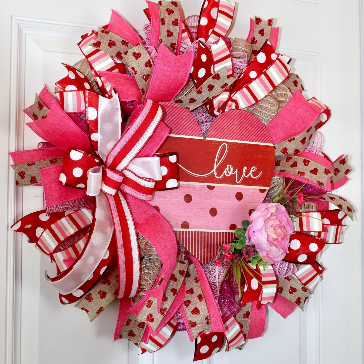 Valentine Heart Wreath: Pink Peony, Red Ribbon, Love Decor