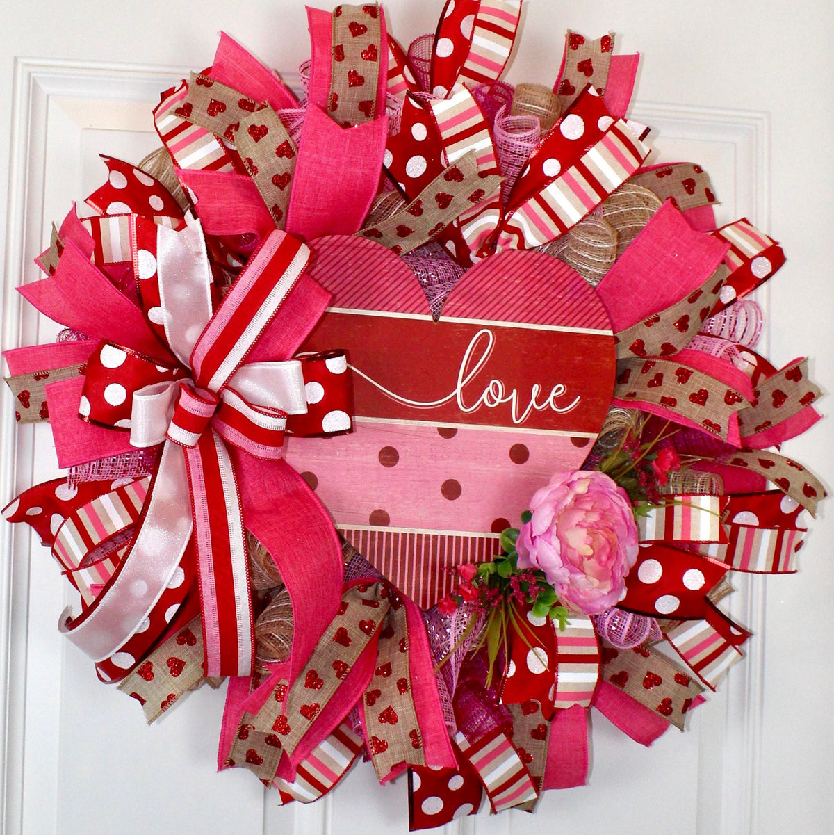 Valentine Heart Wreath: Pink Peony, Red Ribbon, Love Decor