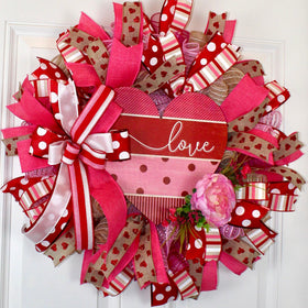 Valentine Heart Wreath: Pink Peony, Red Ribbon, Love Decor