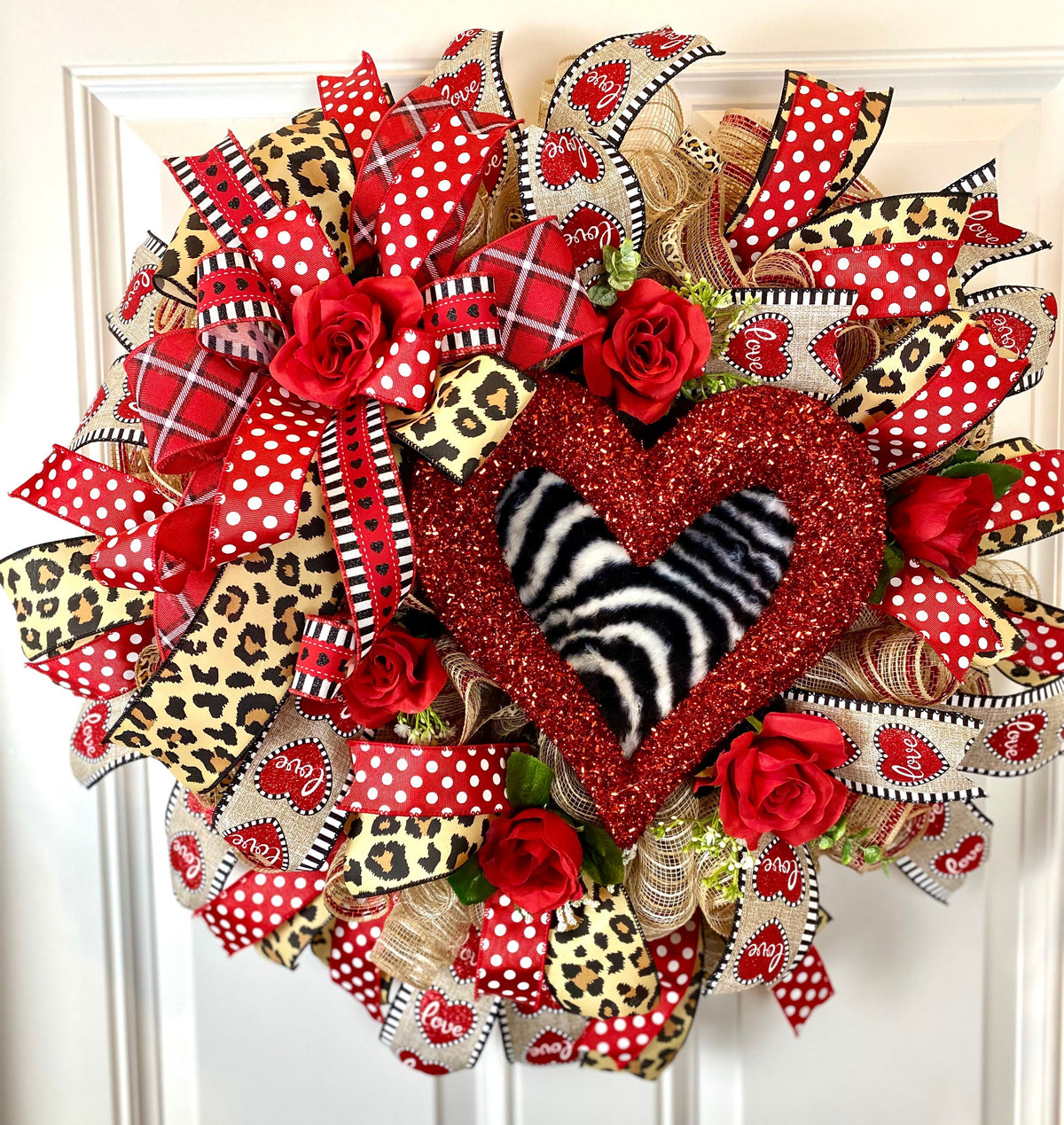 Leopard Heart Valentine's Day Wreath: Cheetah Print Ribbon Door Decor