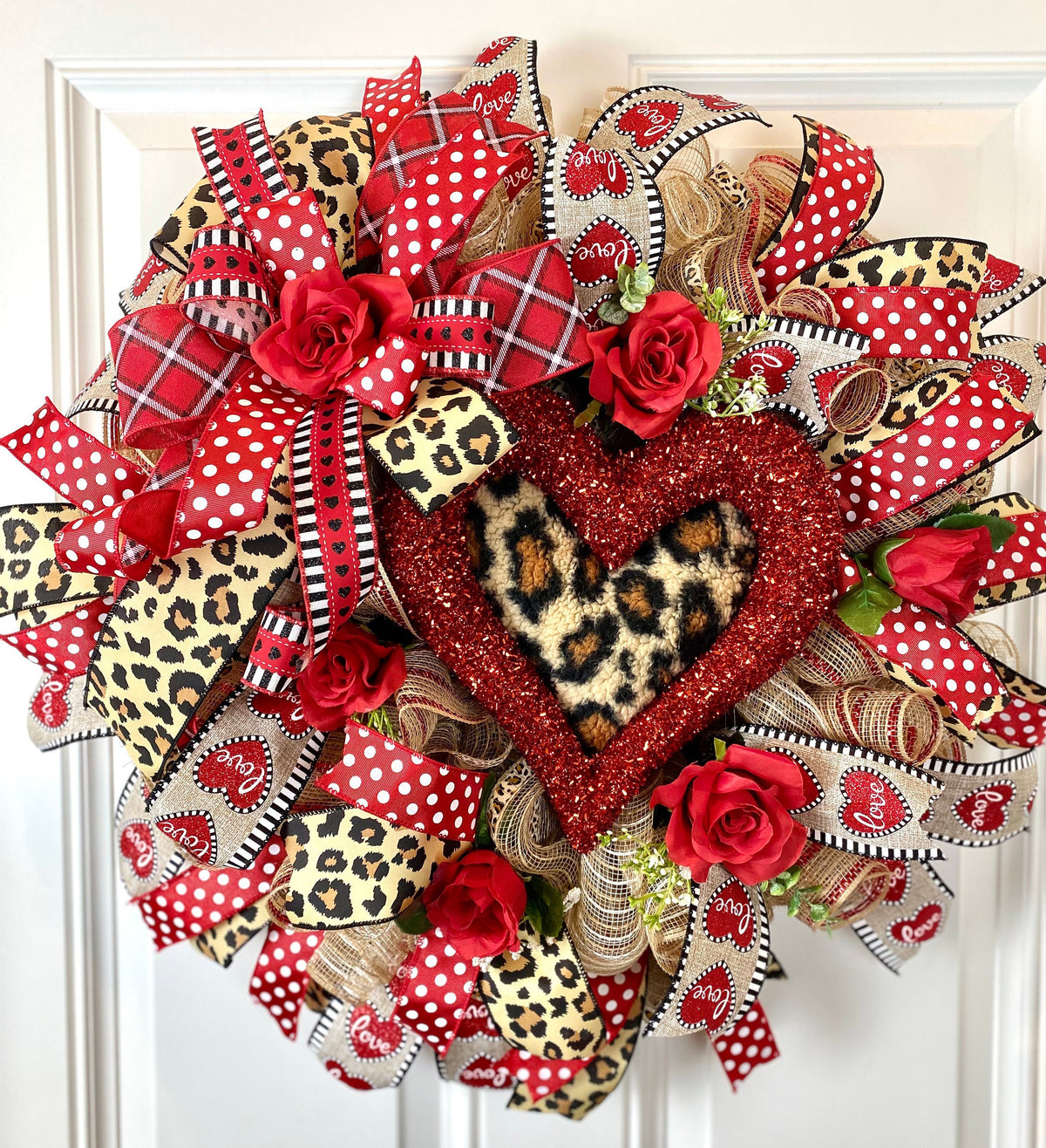 Leopard Heart Valentine's Day Wreath: Cheetah Print Ribbon Door Decor