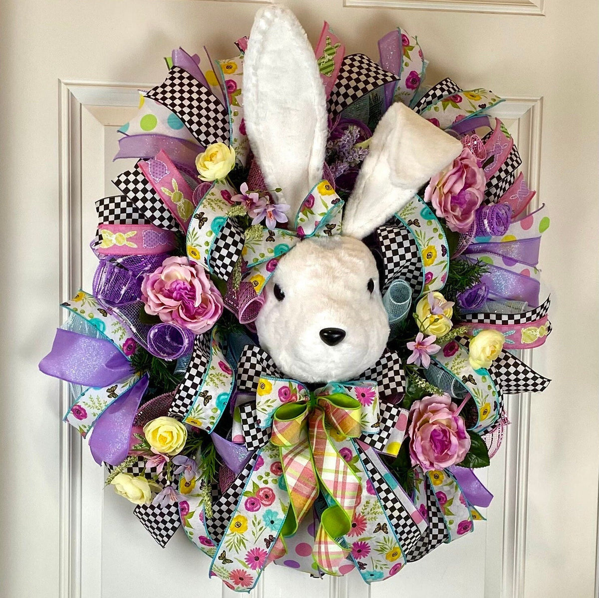 XL Bunny Wreath for front Door, Spring Wreath, Flower Patch